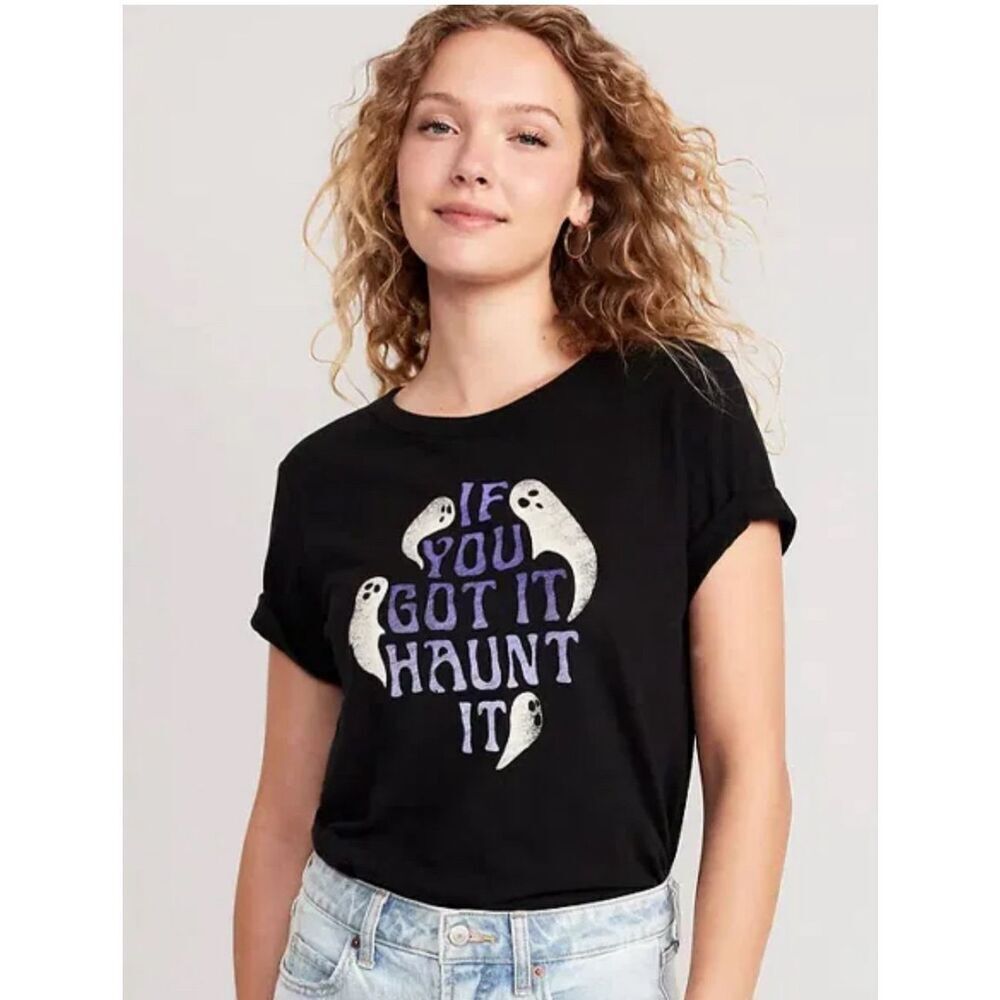 OLD NAVY Women’s Halloween T-Shirt Large Black Purple Ghosts Haunt It NWT